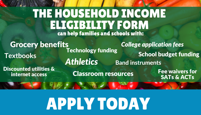 The household income eligibility form can help families and schools with grocery benefits, college application fees, textbook